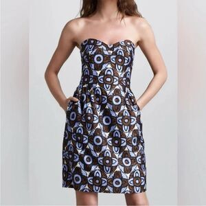 Milly Strapless Sweetheart Neck Brown Blue Print Dress Feminine Event Party Gala